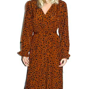 Cupshe Brown Black Faux Wrap Polka Dot Dress M NWT